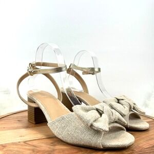 LOFT Beige Woven Bow Block Heel Ankle Strap Sz 9.5M Sandals Gold Shimmer Party